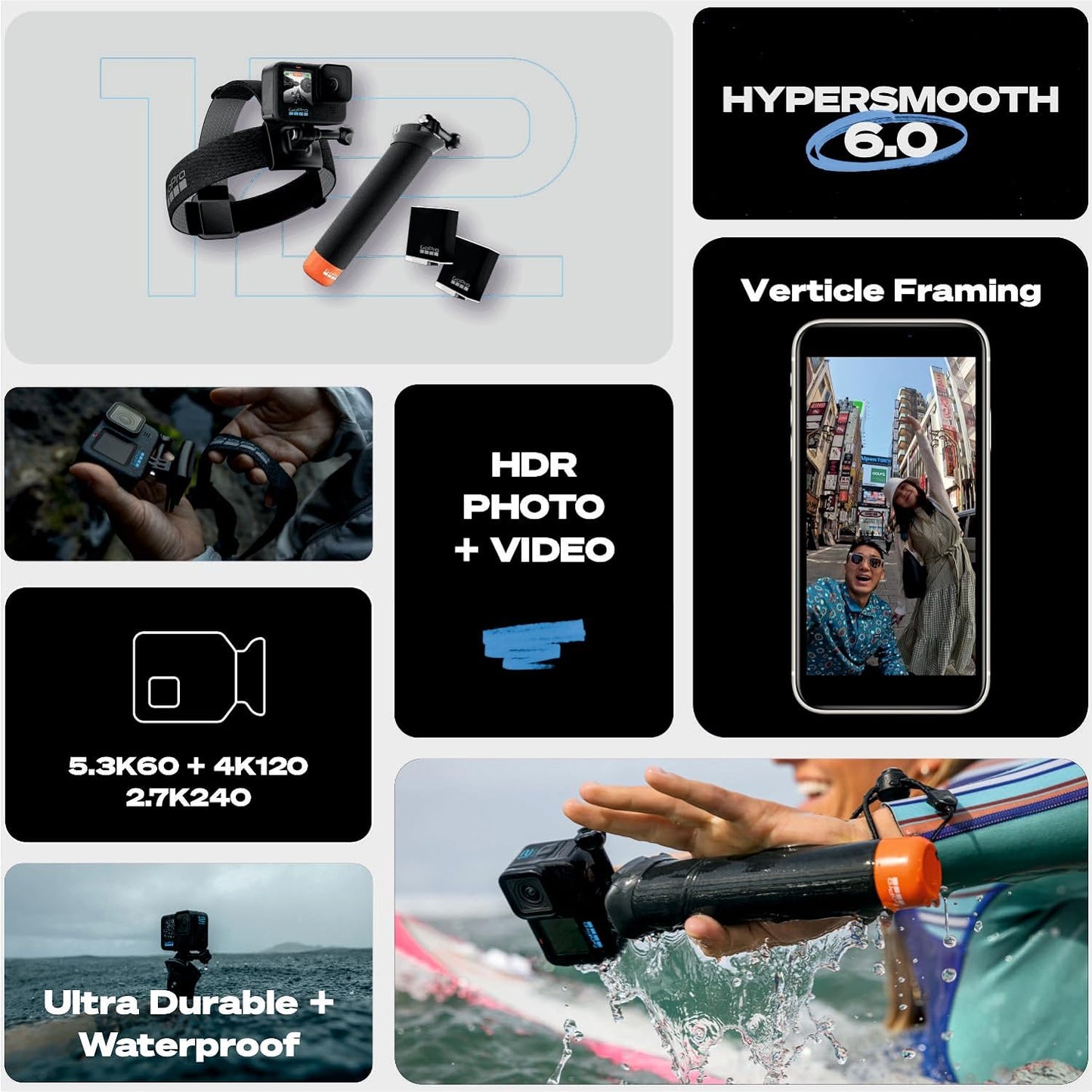 GoPro HERO12 Waterproof Action Camera with Front & Rear LCD Screens, 5.3K60 Ultra HD Video, HyperSmooth 6.0 + AutoBoost, Live Streaming with Enduro Battery (1-Yr International + 1-Yr India Warranty)
