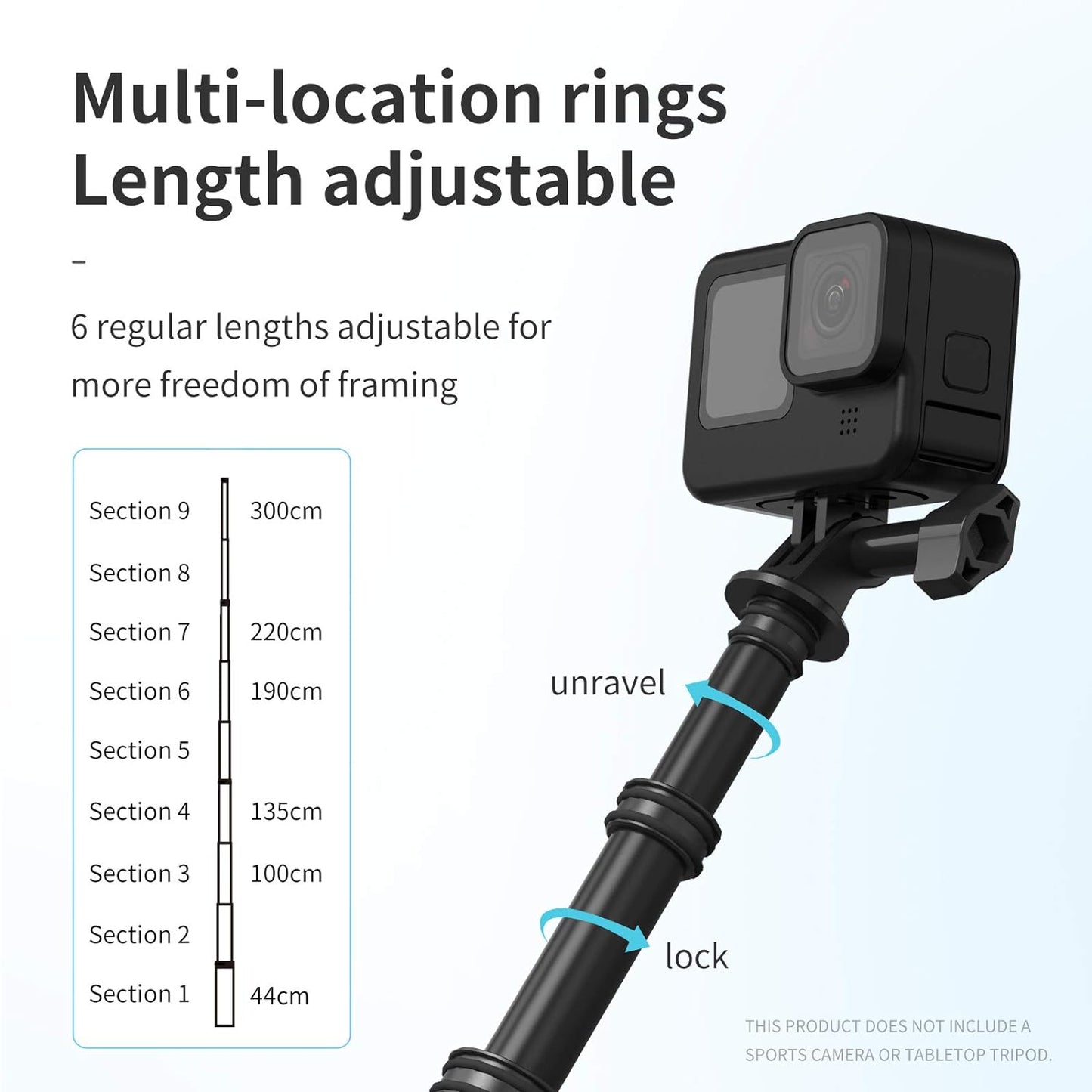 TELESIN 118/3 Meters Ultra Long Selfie Stick for GoPro Max Hero 9 8 7 6 5 4 3+, Insta 360 One R One X, DJI Osmo Action, Extendable at 6 Lengths Carbon Fiber Lightweight Pole Monopod