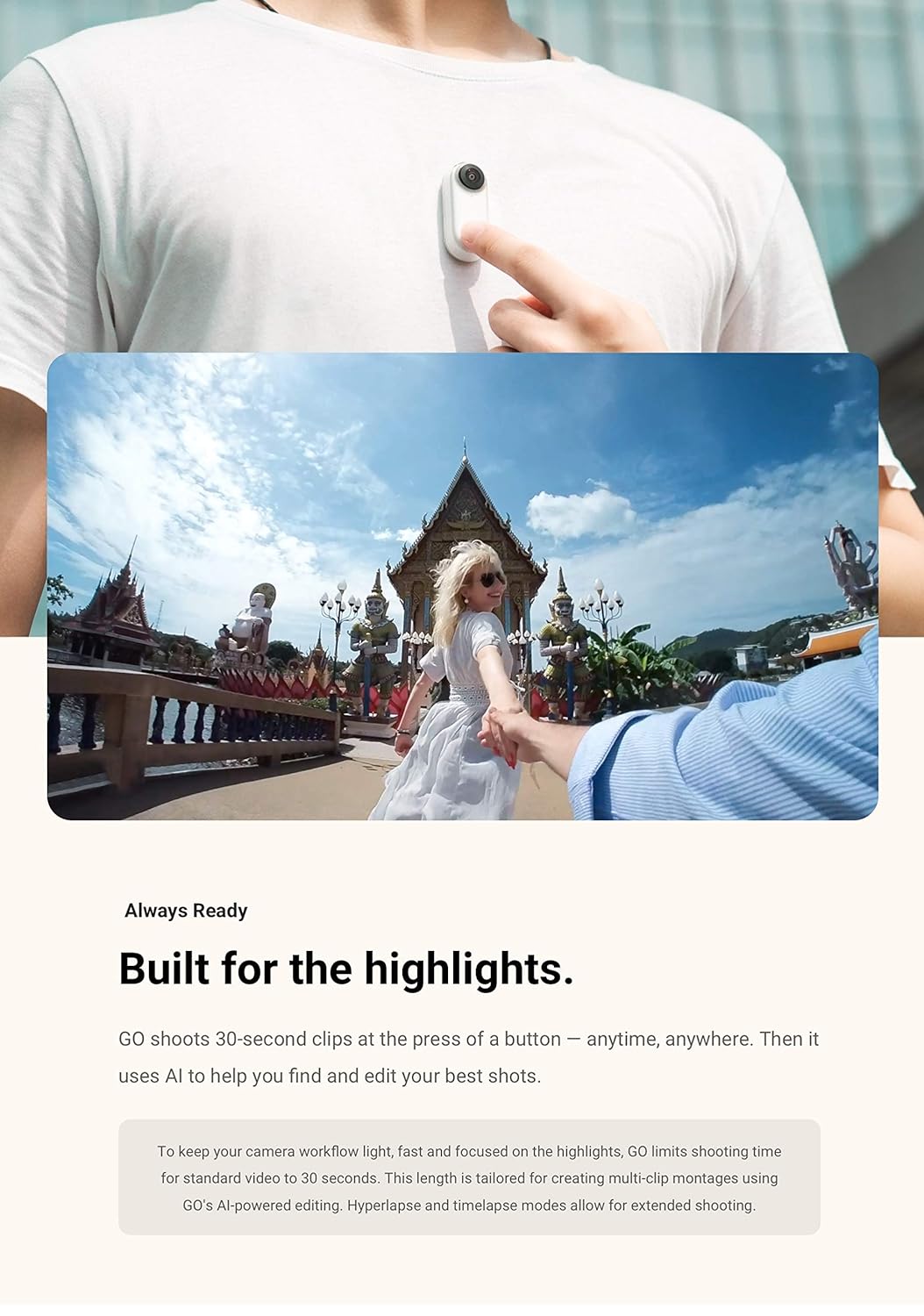 Insta360 GO India Tiny Stabilized 1080p 30 Miniature Action Camera, FlowState 6-Axis Gyro Stabilization, Hyperlapse, Auto Editing, Barrel Roll, IPX4 Water Resistance