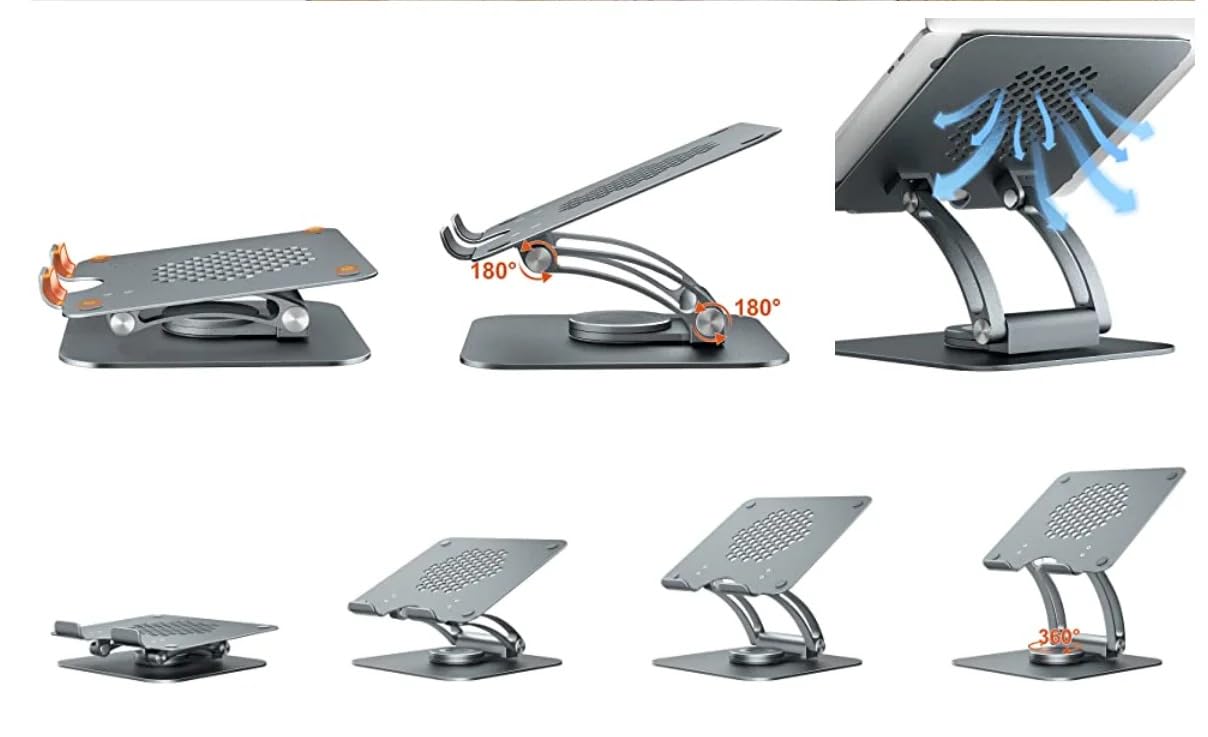 iEDS Laptop Stand Adjustable Ergonomic Aluminum Laptop Stands Compatible with HP,Tablets Xiaomi Dell MacBook HP Lenovo (360° Rotatable Base Grey - Bigger)