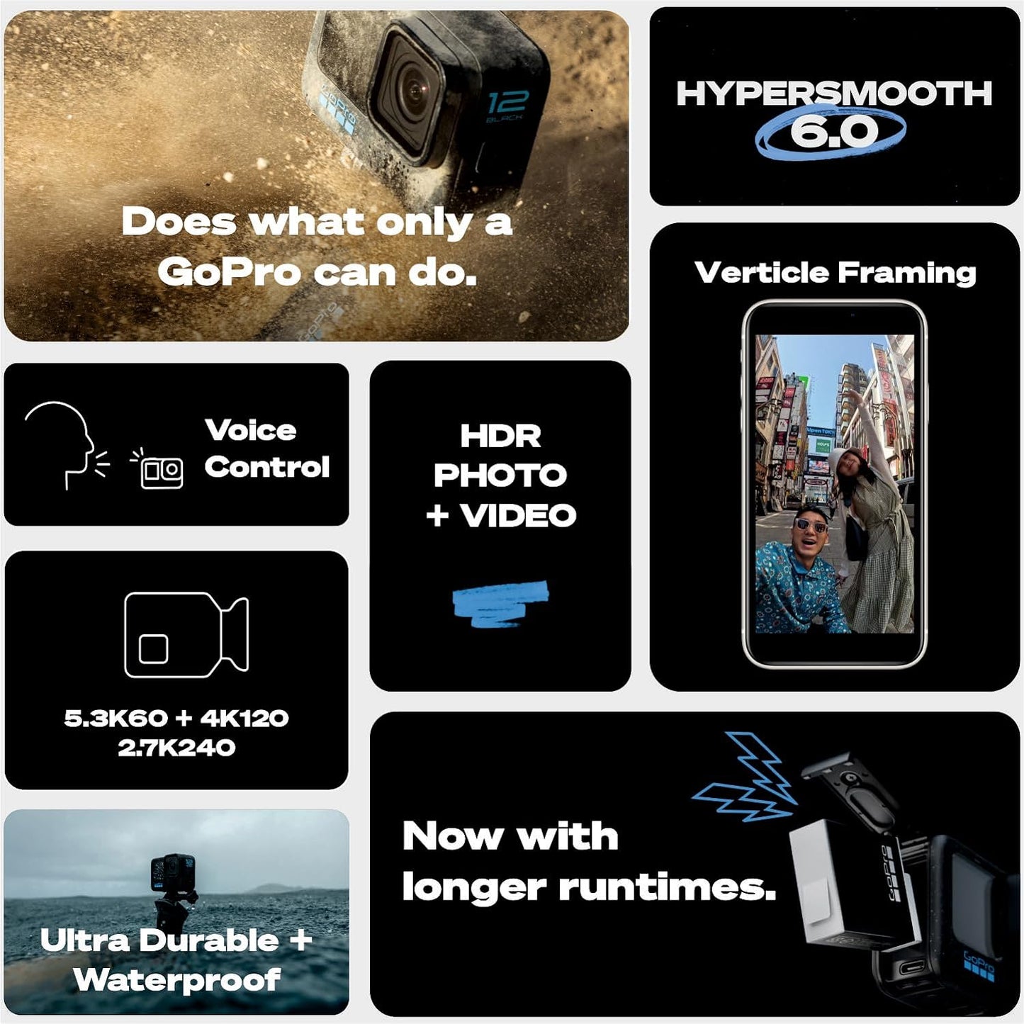 GoPro HERO12 Waterproof Action Camera with Front & Rear LCD Screens, 5.3K60 Ultra HD Video, HyperSmooth 6.0 + AutoBoost, Live Streaming with Enduro Battery (1-Yr International + 1-Yr India Warranty)